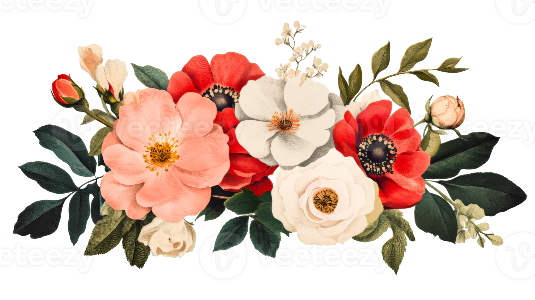 Floral arrangement with roses and anemones, vintage style, cut out transparent png
