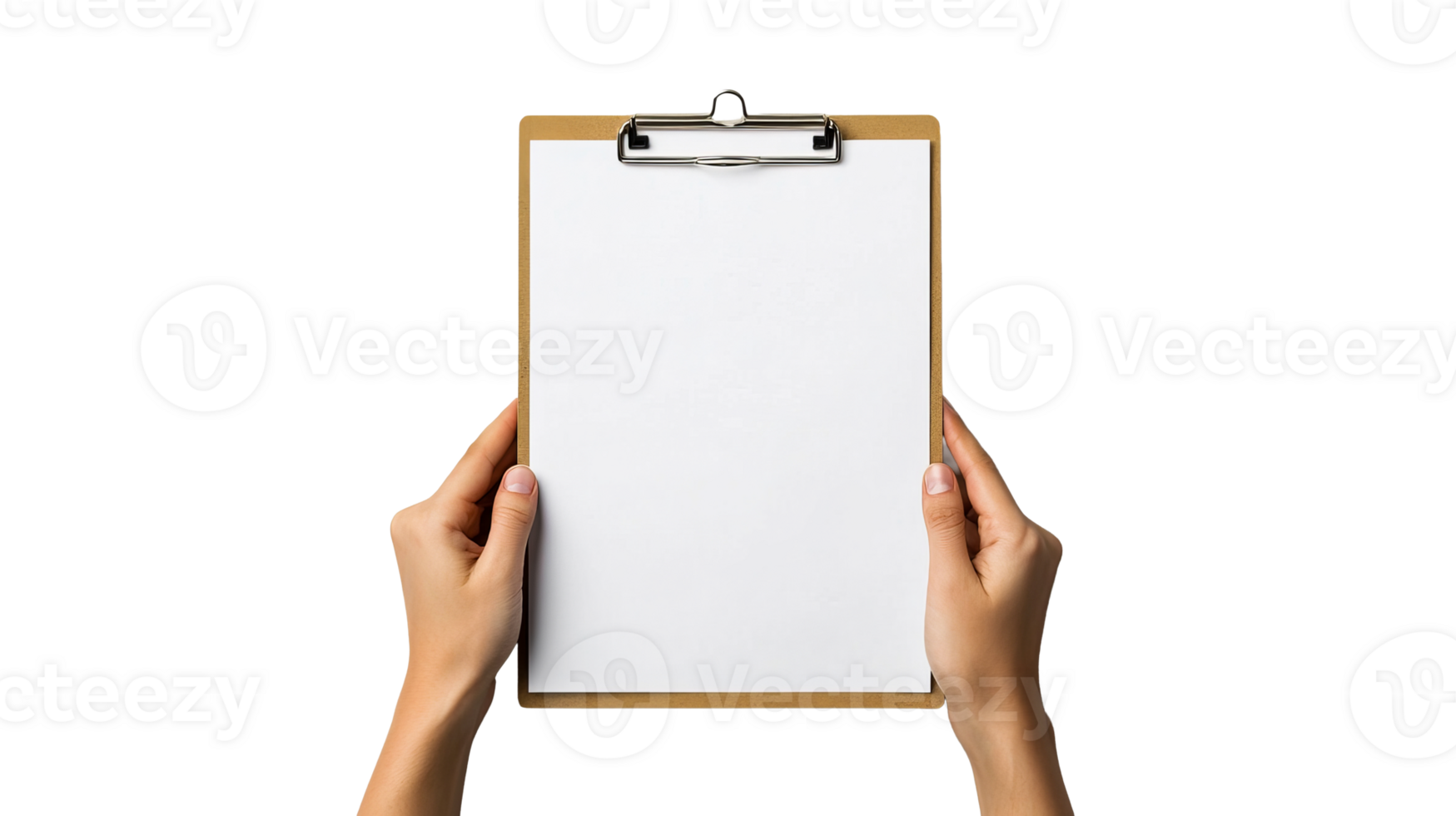 Hands hold clipboard with blank paper, presentation, isolated, cut out transparent png