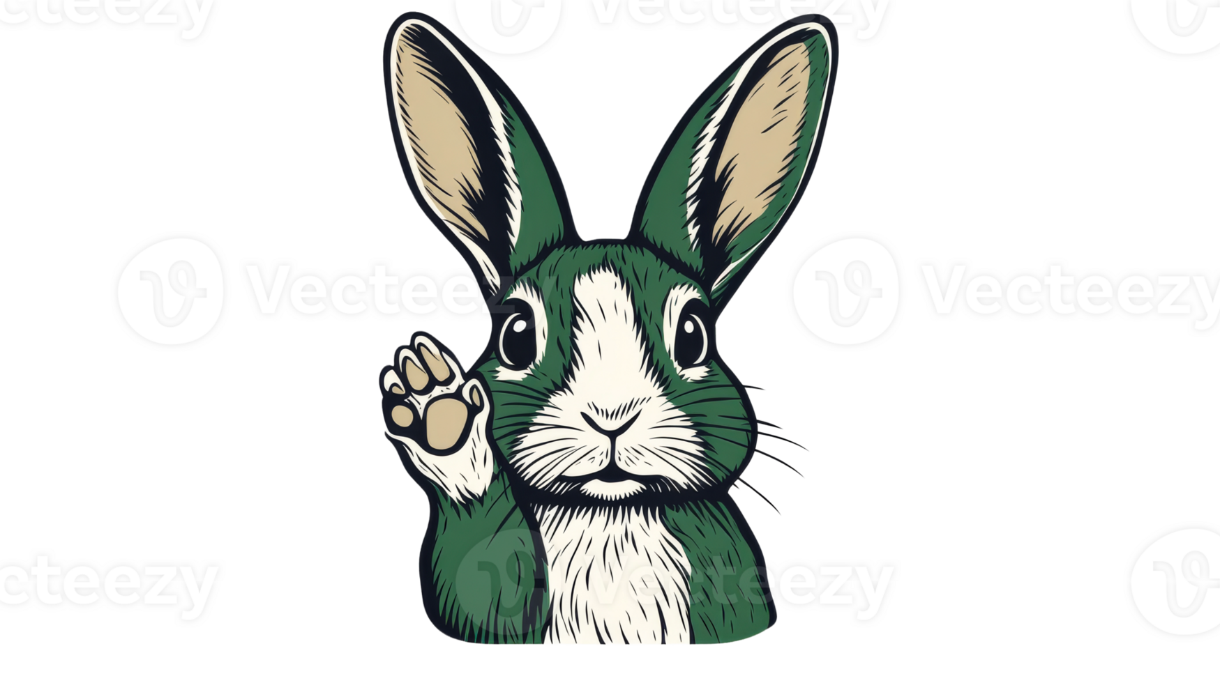 Green bunny raising paw, cut out transparent png