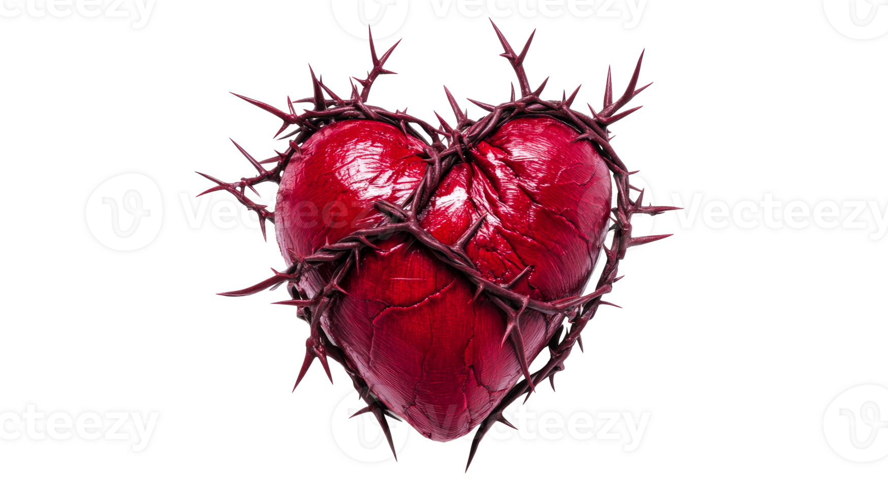 Heart with thorns on black background render illustration, cut out transparent png