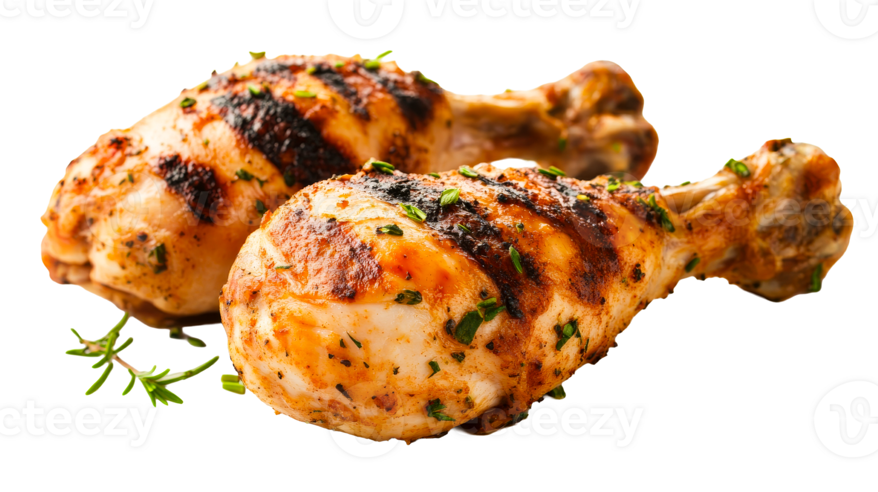 Grilled chicken drumsticks with herbs, isolated, cut out transparent png