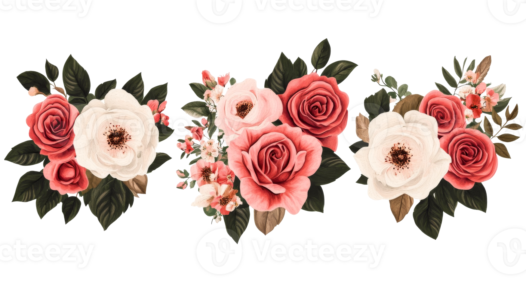 Three watercolor floral arrangements featuring red and white roses, cut out transparent png