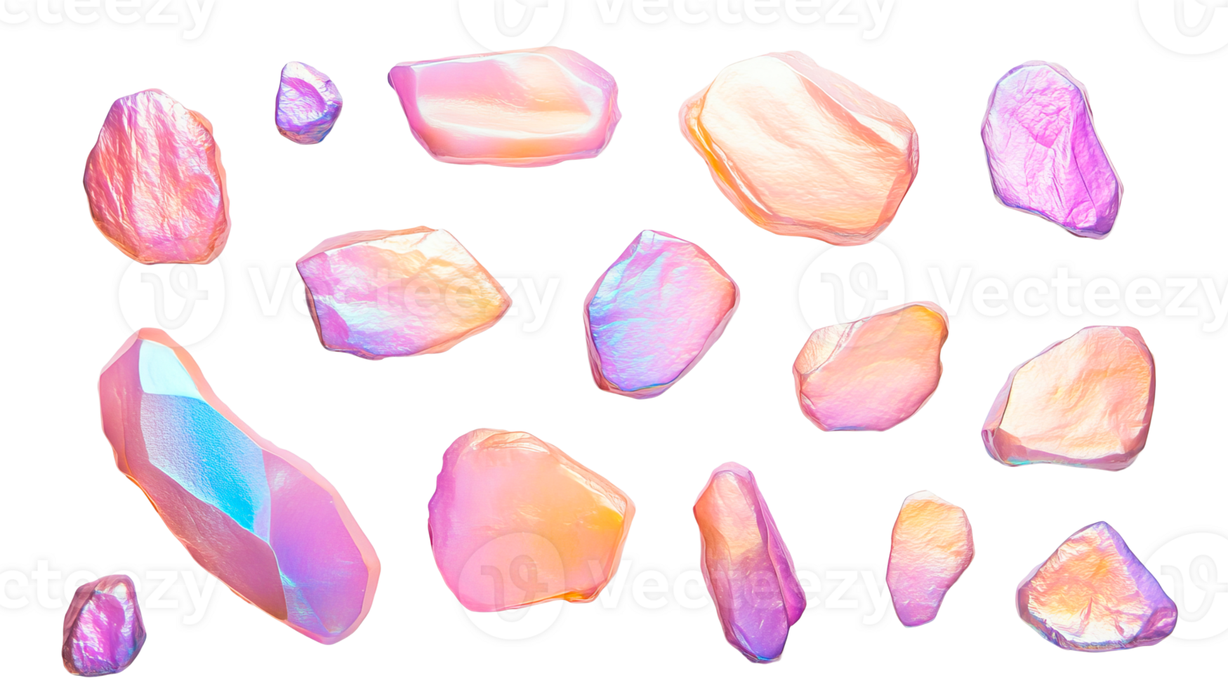 Group of color crystals on a black background, cut out transparent png