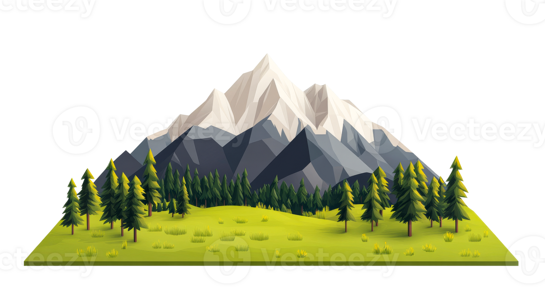 Mountainscape with trees, meadow scene, low poly style graphic, cut out transparent png