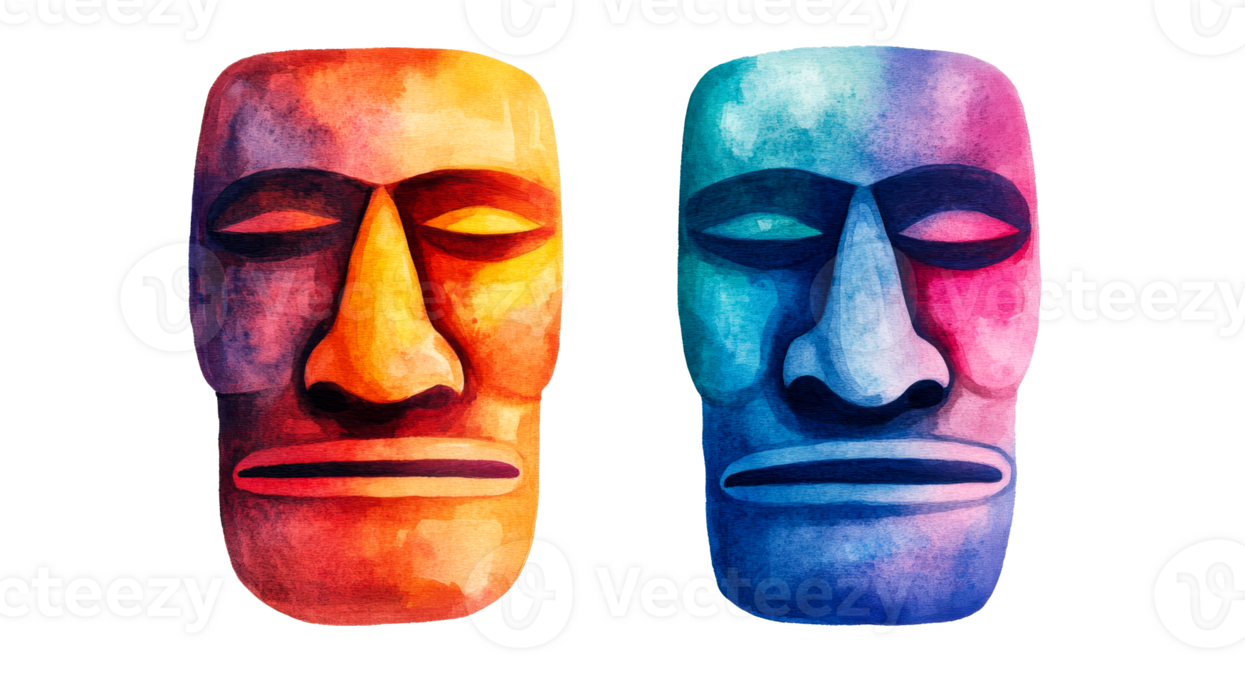 Two colorful faces with closed eyes, isolated, cut out transparent png