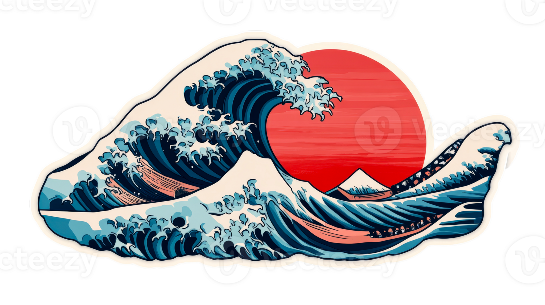 Japanese wave artwork with Mount Fuji in background, cut out transparent png