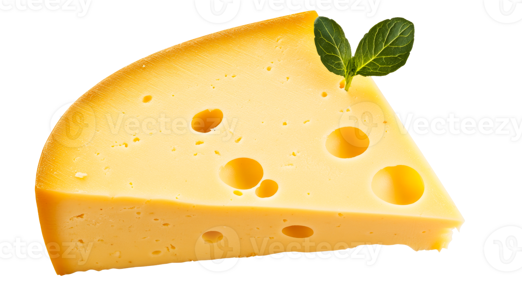 Emmental cheese wedge with mint garnish, cut out transparent png