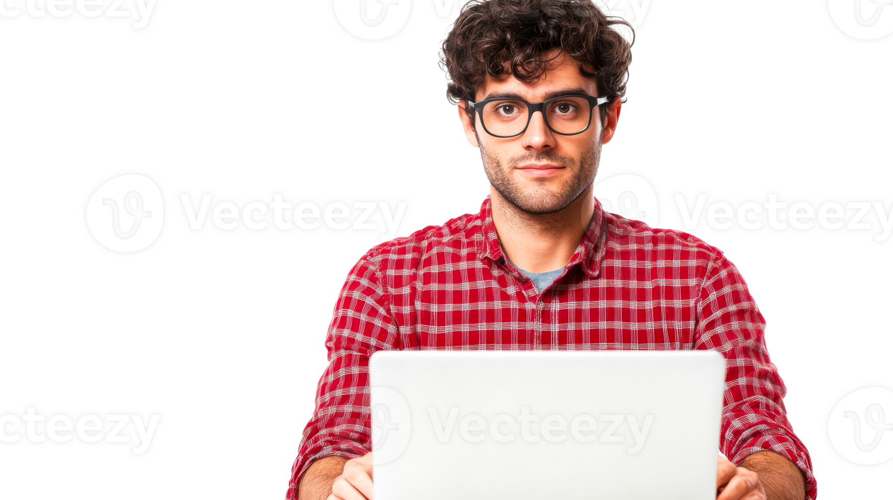 Man with Laptop, Pensive Expression, Red Plaid Shirt, Cut Out Transparent png