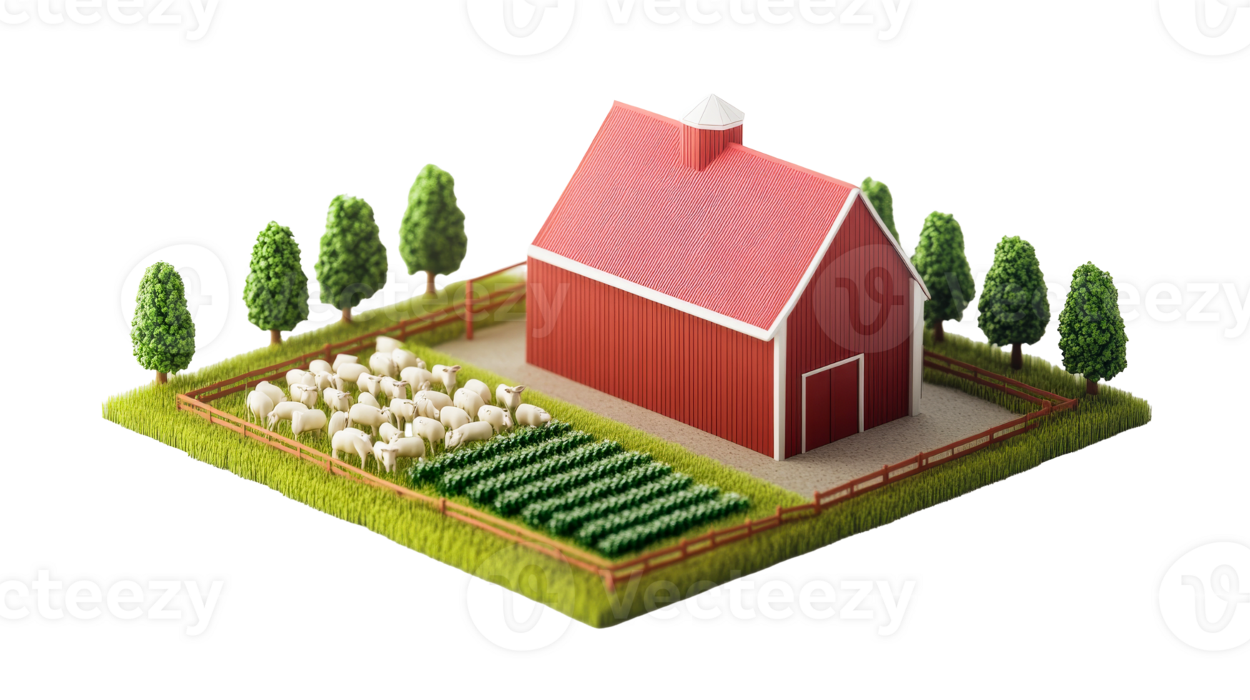 Miniature farm diorama featuring barn, sheep, trees, crops, cut out transparent png
