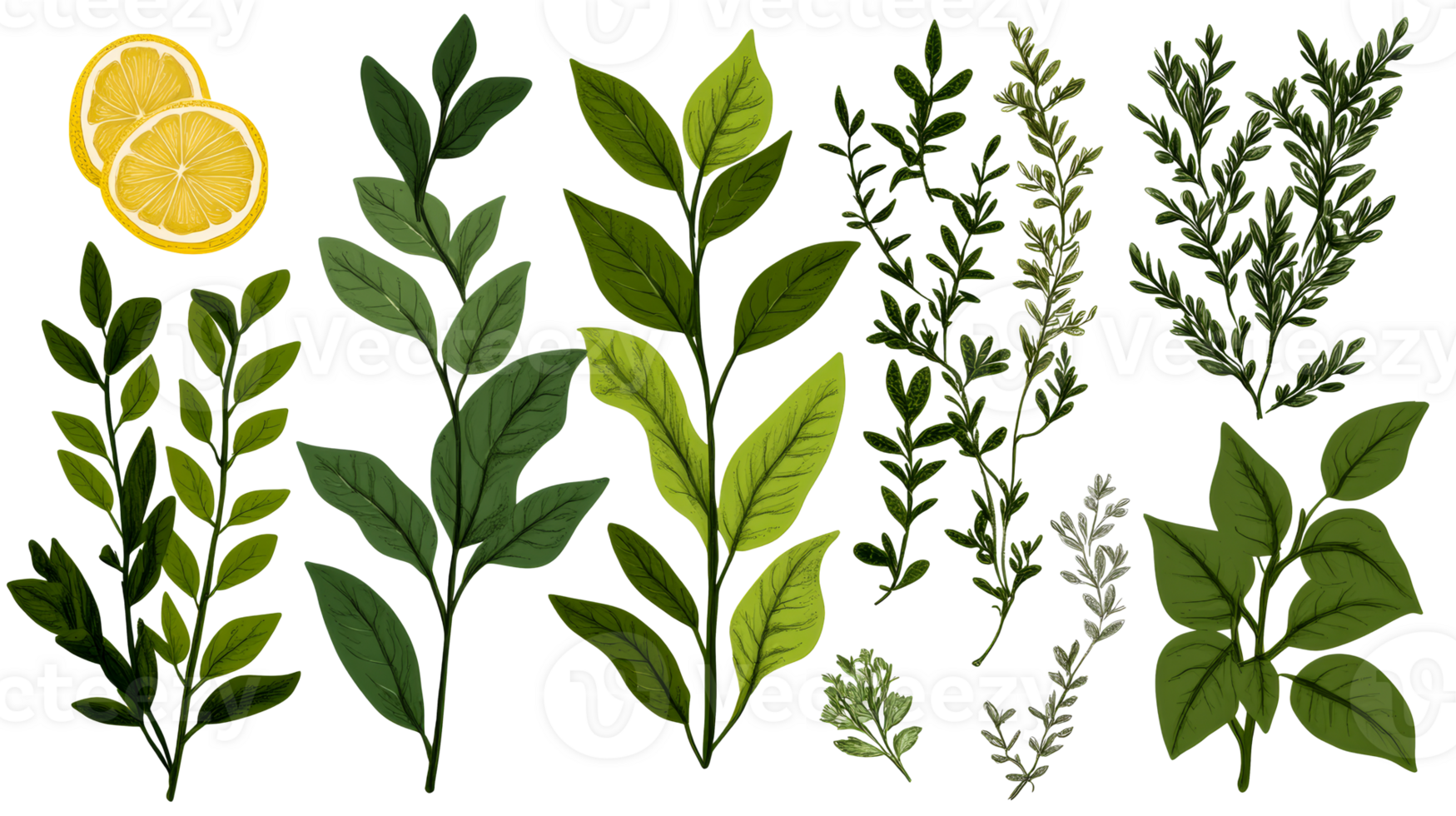 Lemon slices, leaves, and botanical elements, a lush collection, cut out transparent png