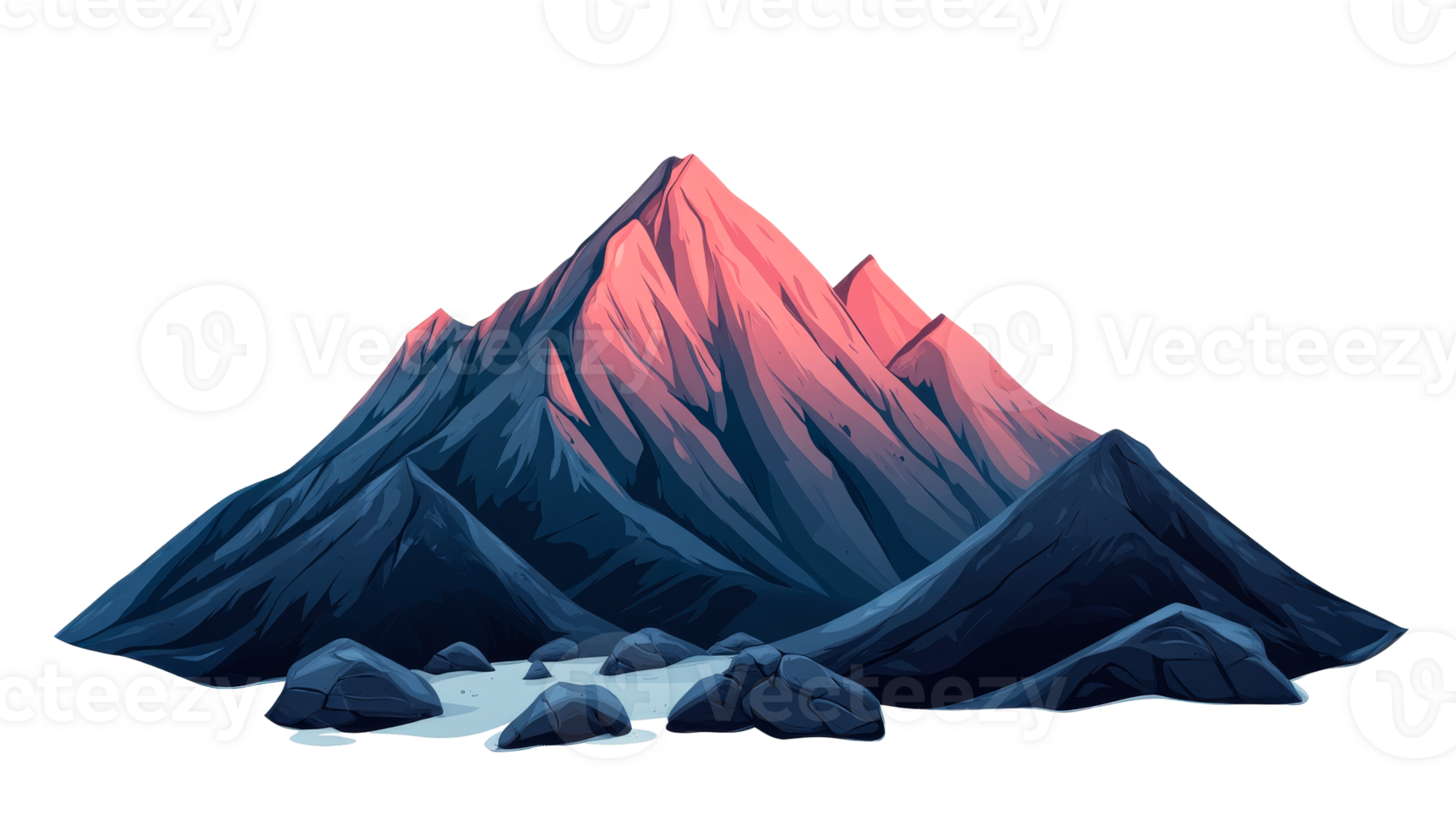 Pink peaks, blue mountains, rocks, water illustration, cut out transparent png