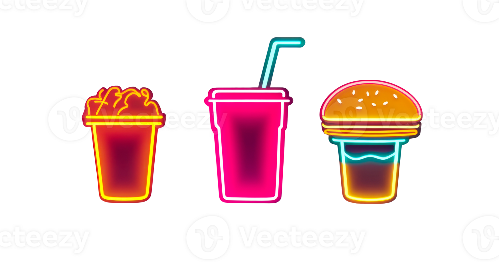Glowing Neon Fast Food Menu Items on Black, cut out transparent png