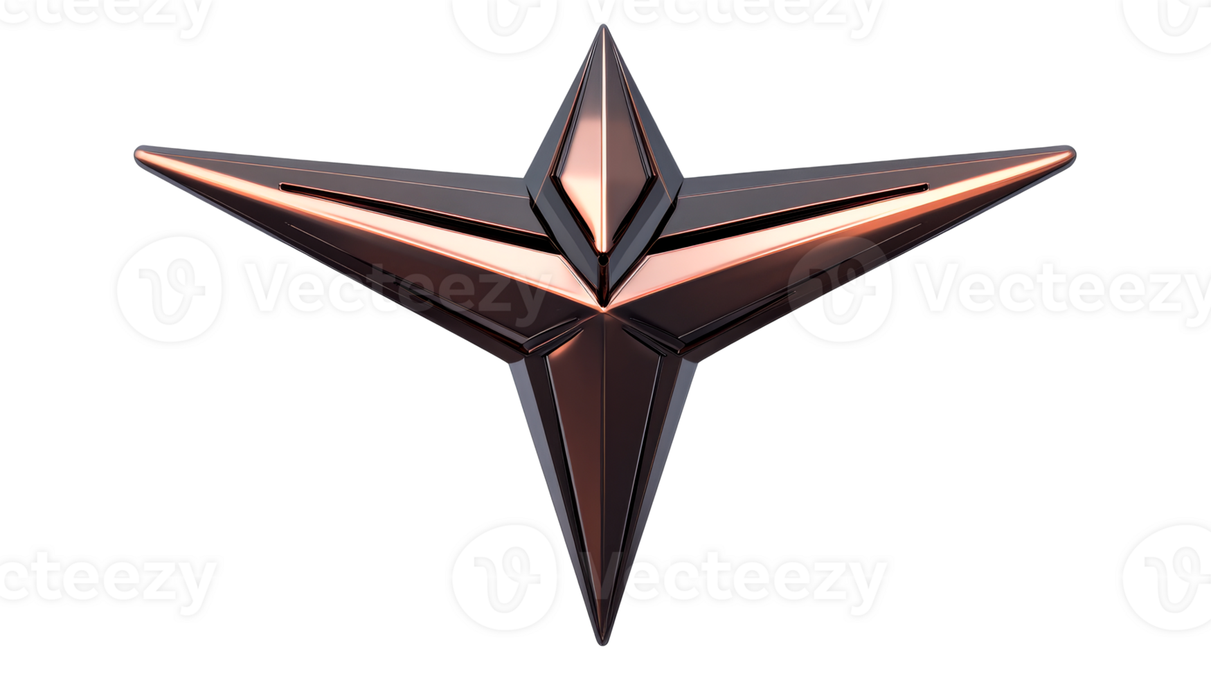 Polished dark metallic star emblem, geometric design, cut out transparent png