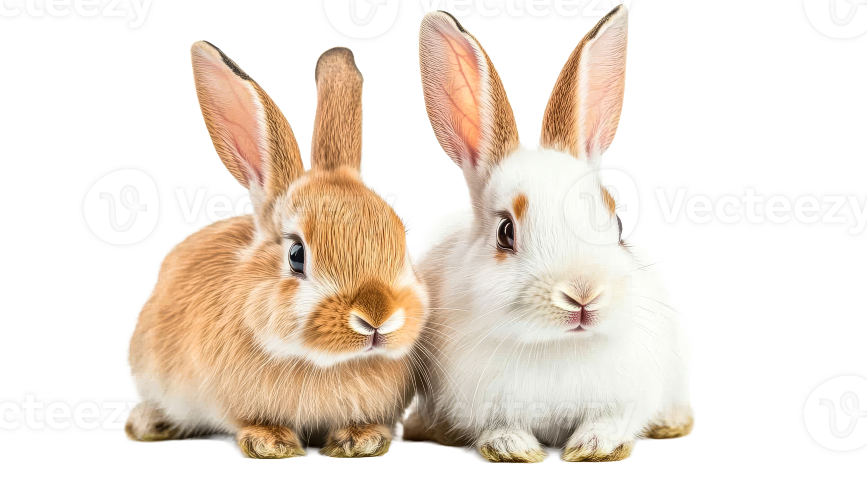 Two adorable bunny rabbits looking at camera, soft fur, cut out transparent png