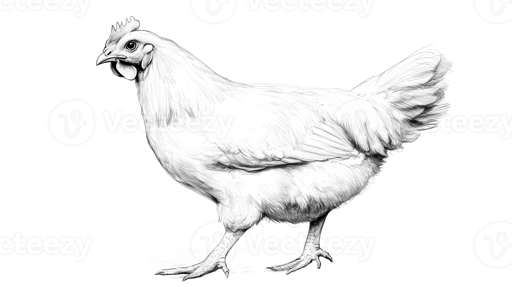 Chicken in detailed black and white drawing, isolated , cut out transparent png