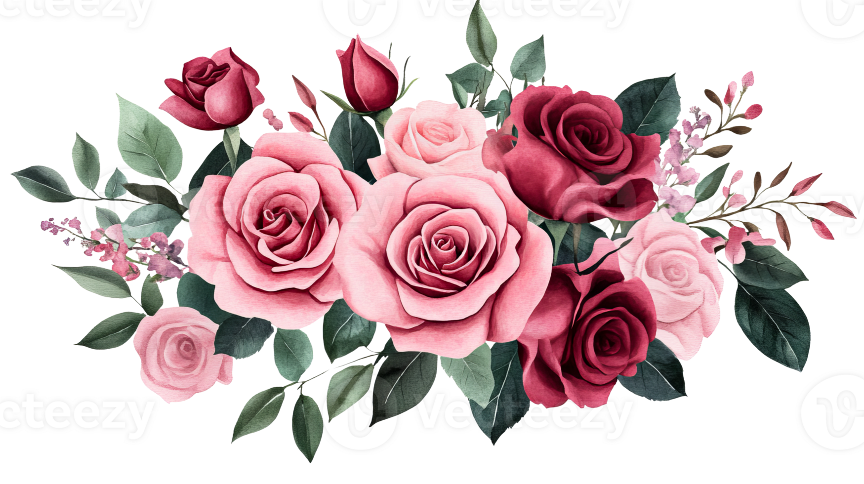 Roses floral bouquet, pink and burgundy color, vintage design, cut out transparent png