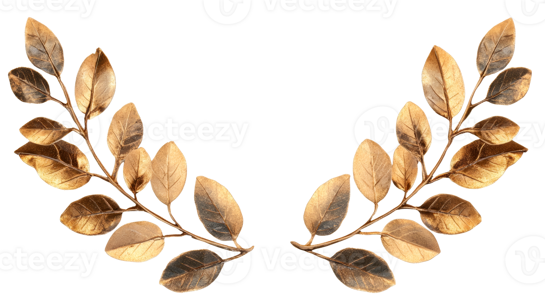 Golden leaves wreath on black background, metallic plant , cut out transparent png