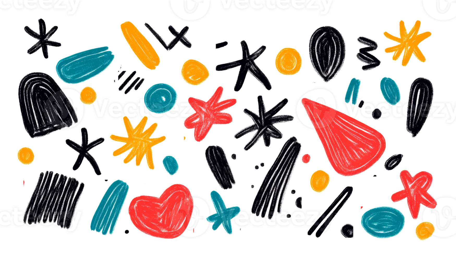 Colorful abstract shapes on black background, cut out transparent png