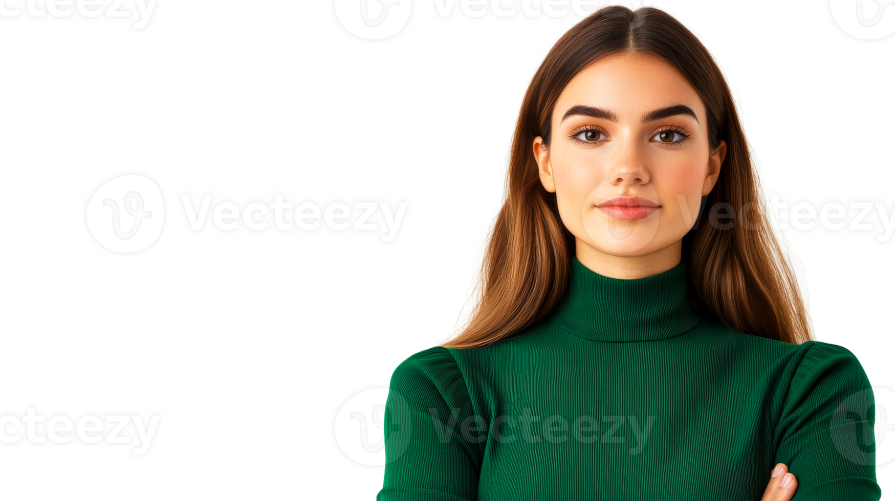 Serious brunette woman in green turtleneck, studio portrait, cut out transparent png