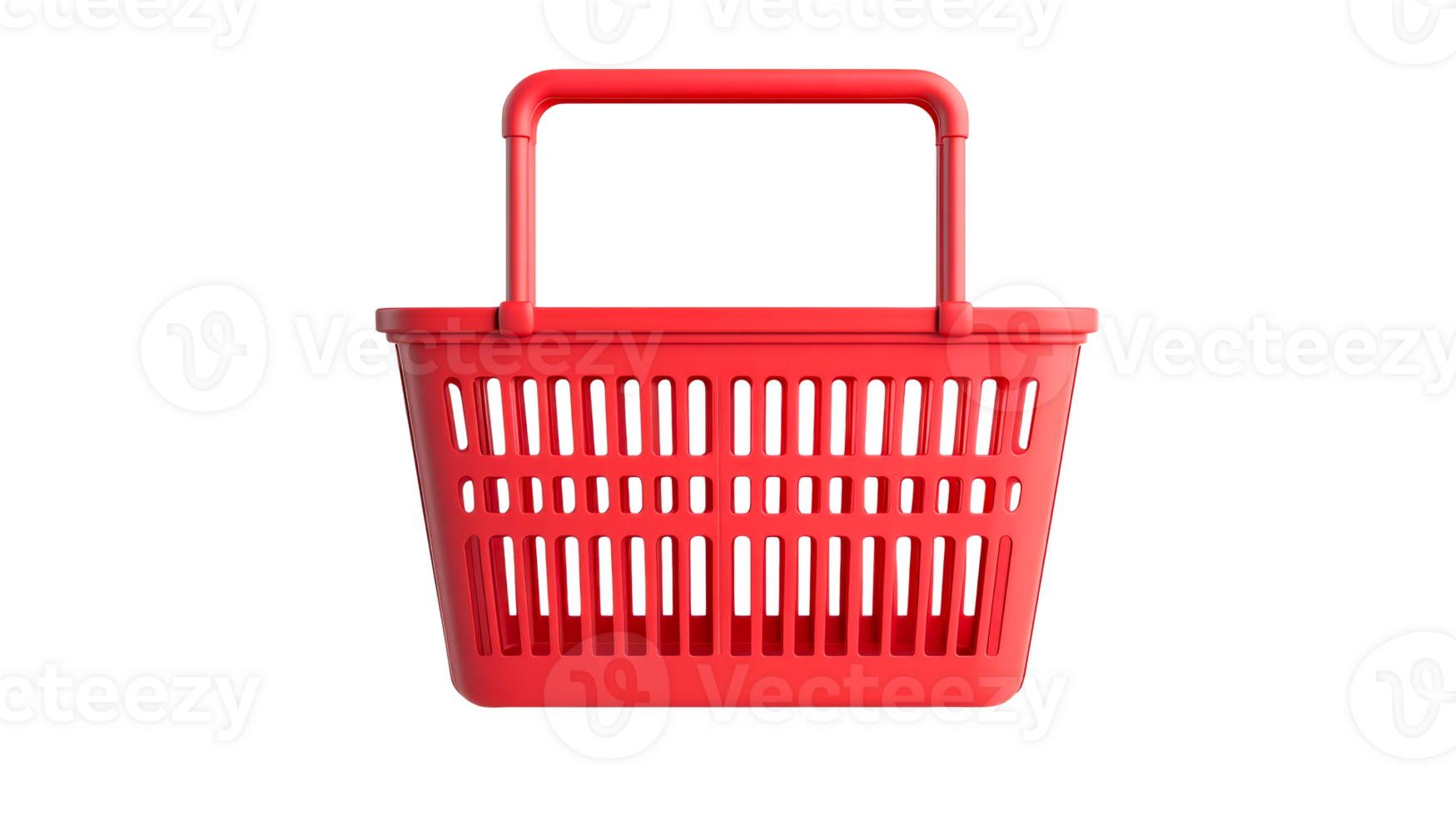 Bright red plastic shopping basket, market, empty, front view, cut out transparent png