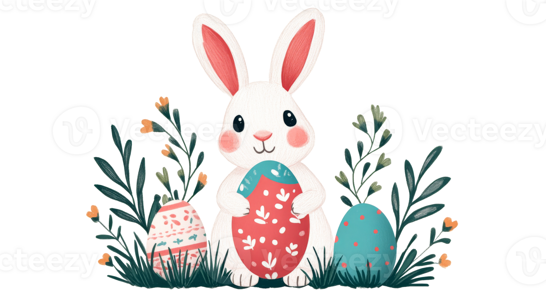 Easter bunny holding egg in garden, holiday concept, spring, cut out transparent png