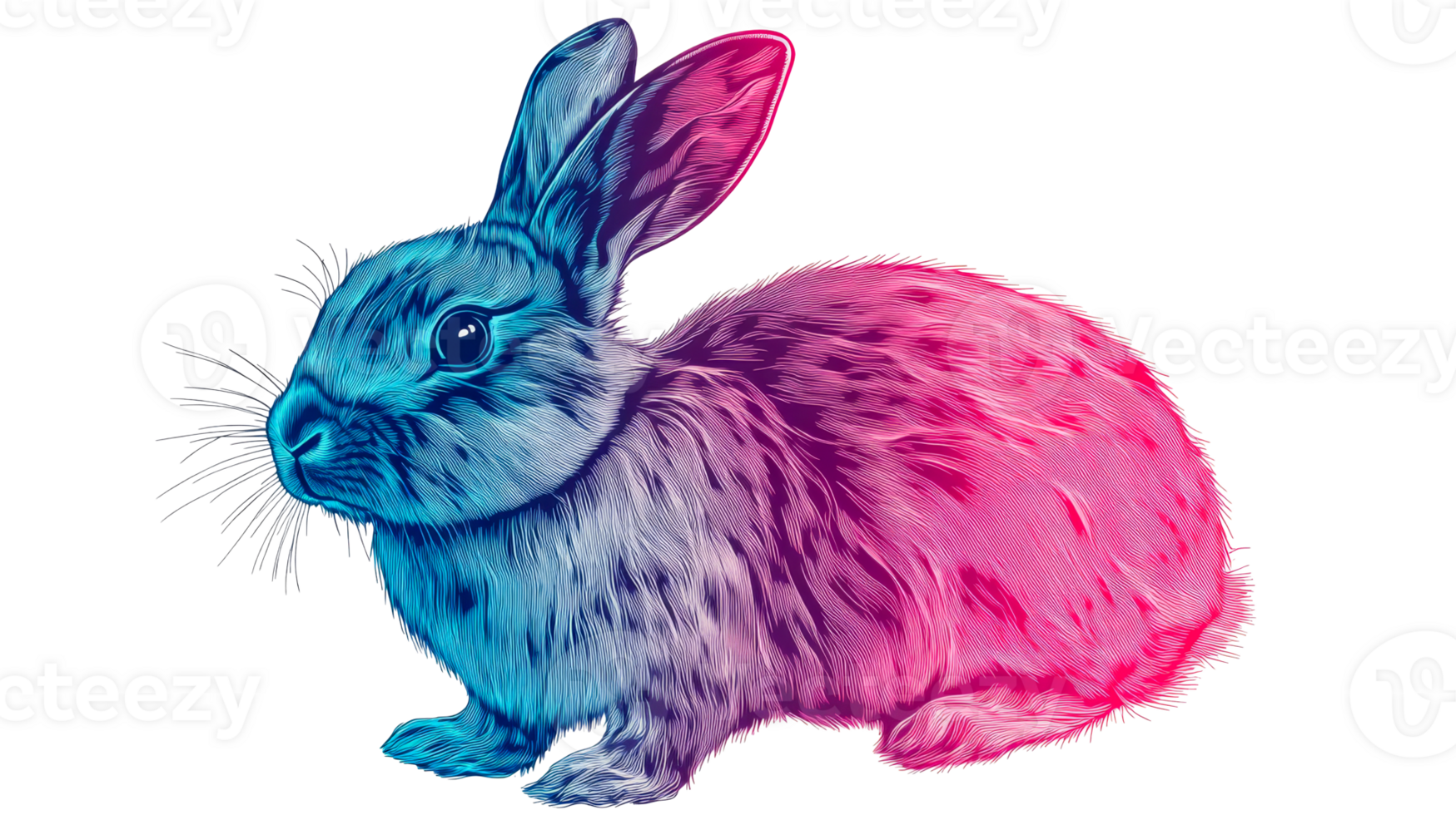 Neon bunny rabbit in vibrant colors, cut out transparent png