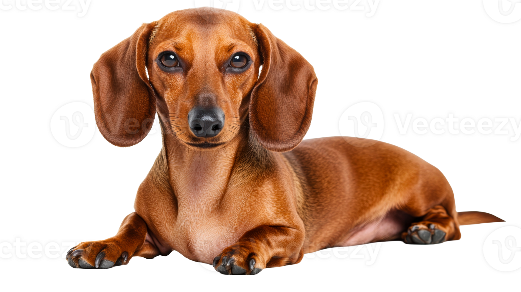 Brown dachshund lying looking at the camera, cut out transparent png