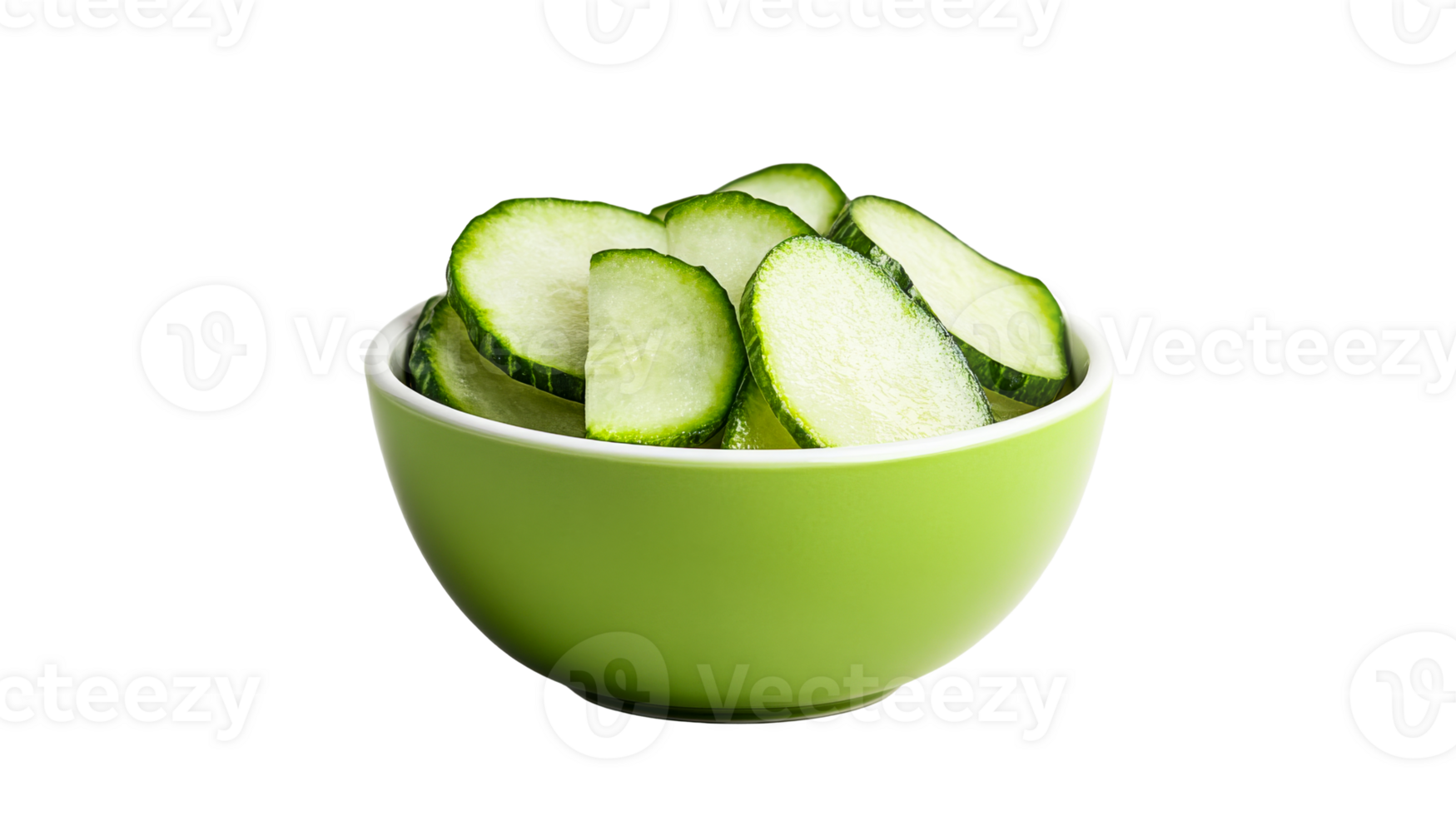 Fresh cucumber slices in green bowl, cut out transparent png