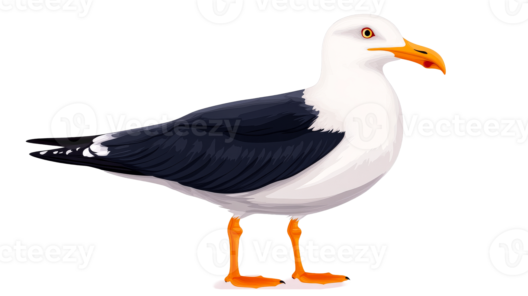 Detailed illustration of a standing seagull, wings down, cut out transparent png