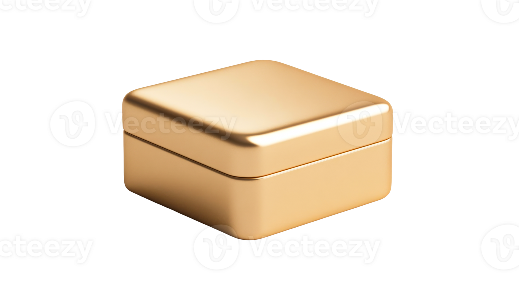Golden shiny cube box with rounded corners, cut out transparent png