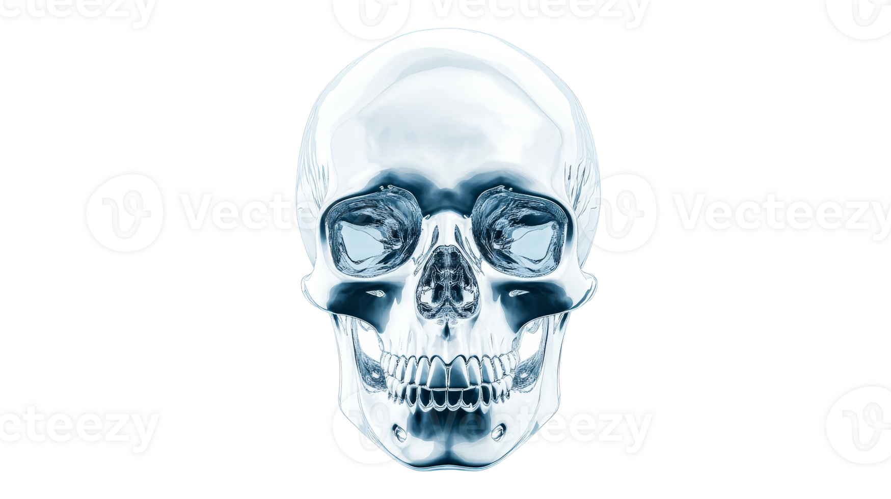 Crystal skull illustration isolated against black background, cut out transparent png