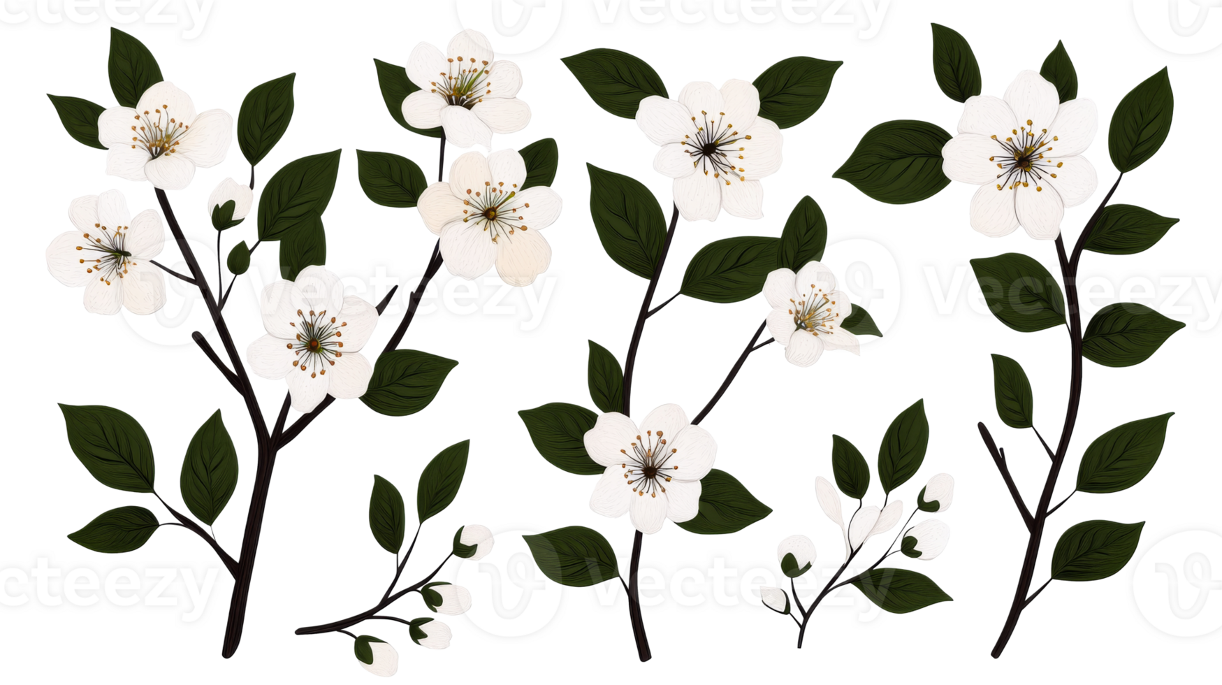 White Flowers Branch Illustration, Decorative Blossoms Isolated, cut out transparent png
