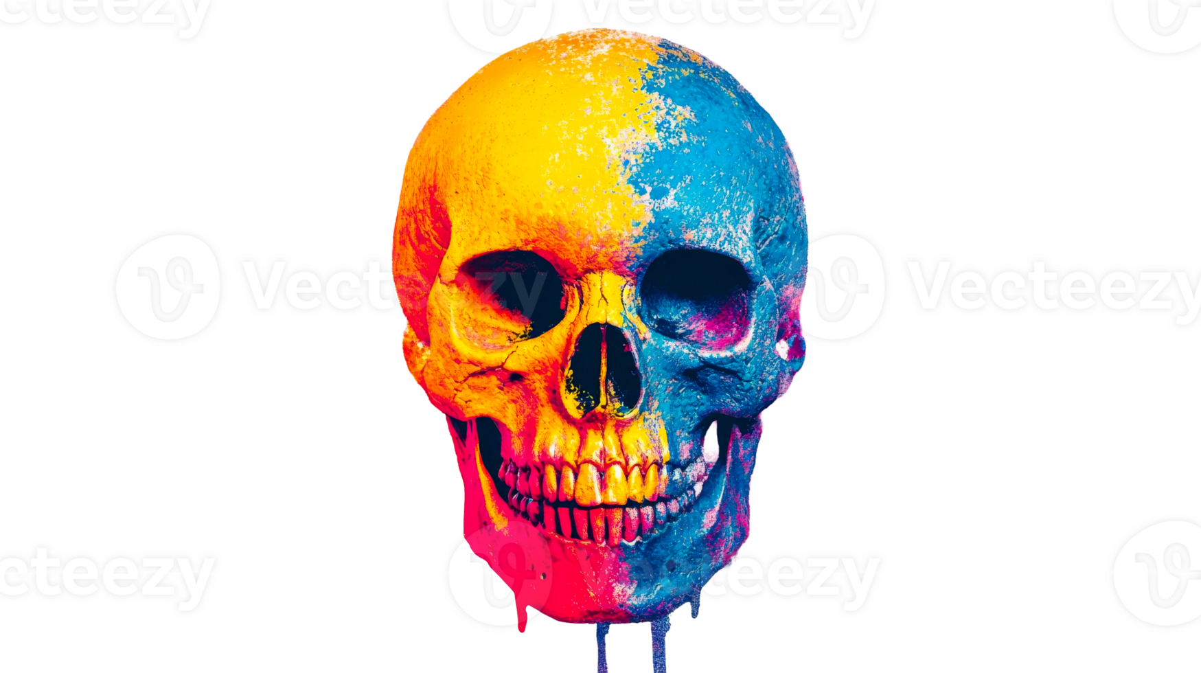 Skull painted with vibrant colors and drips, cut out transparent png