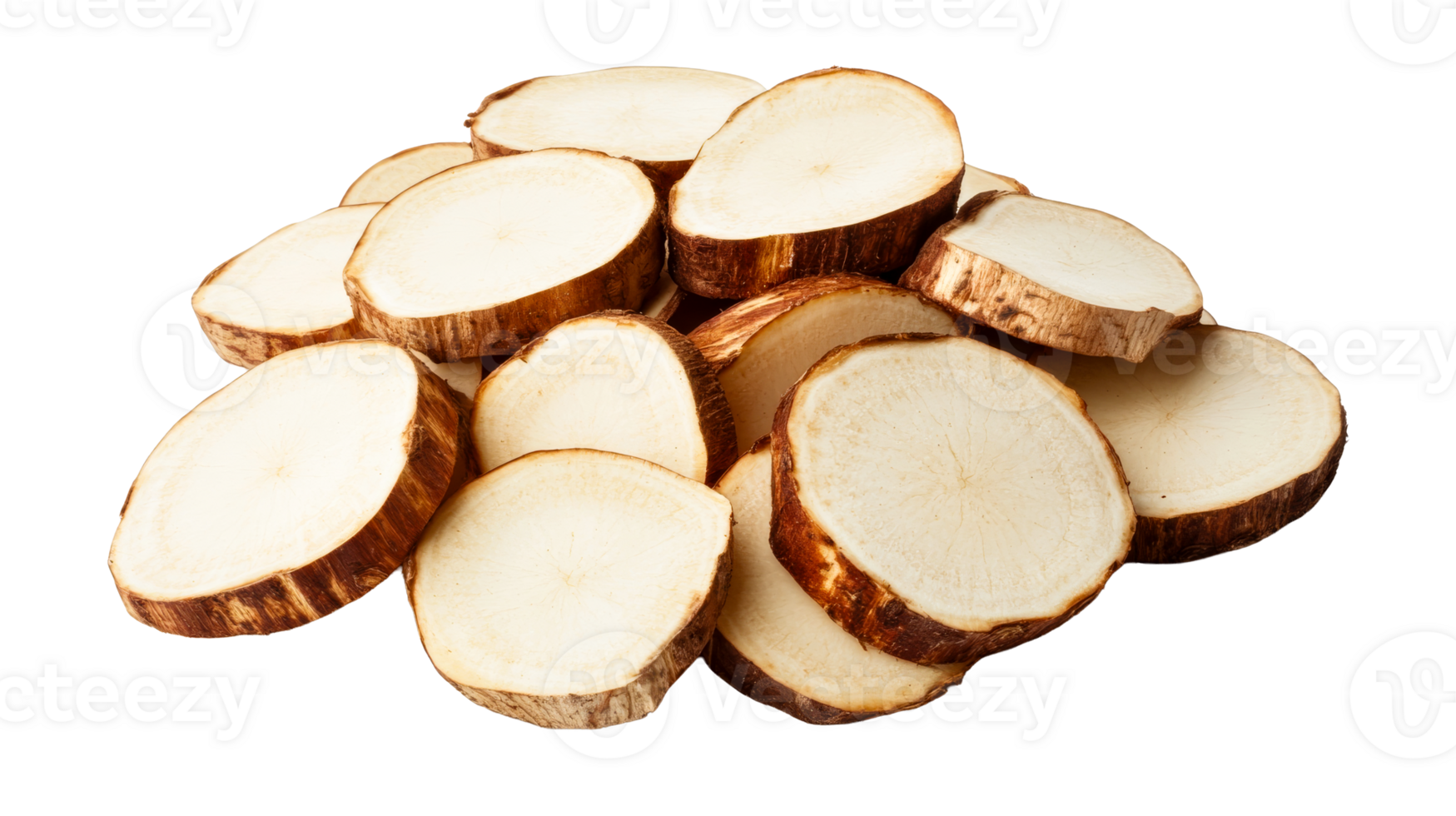 Pile of raw peeled cassava roots on black background, cut out transparent png