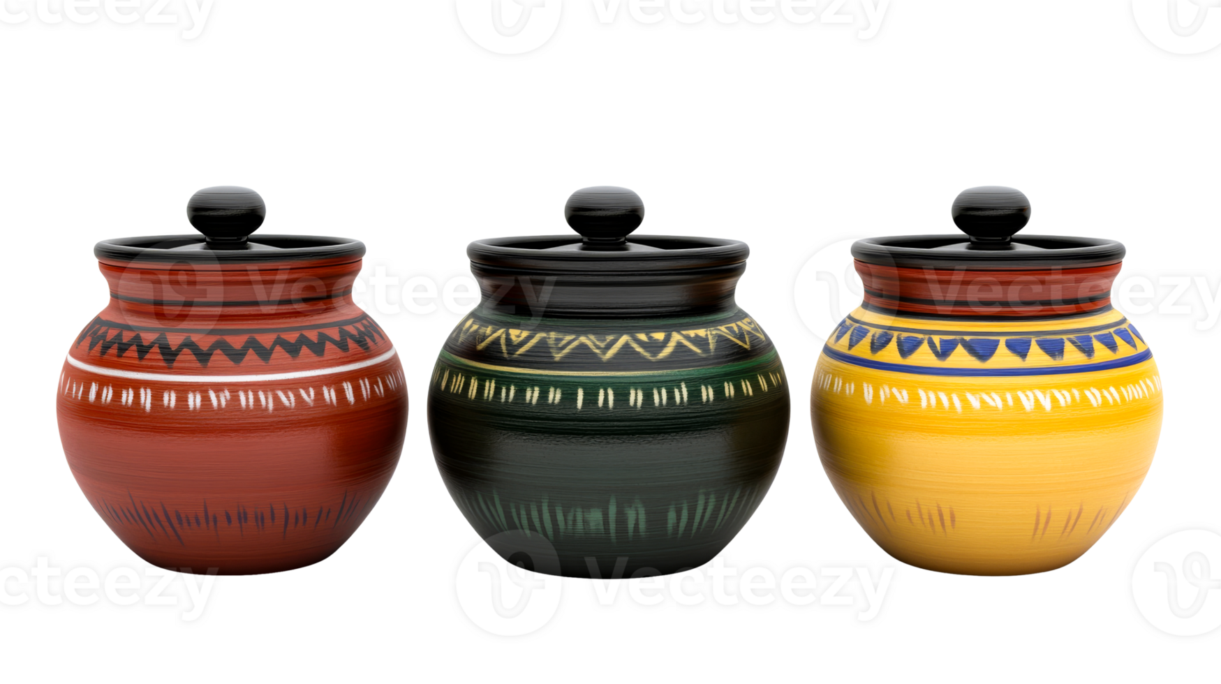 Colorful ceramic jars with lids isolated, cut out transparent png