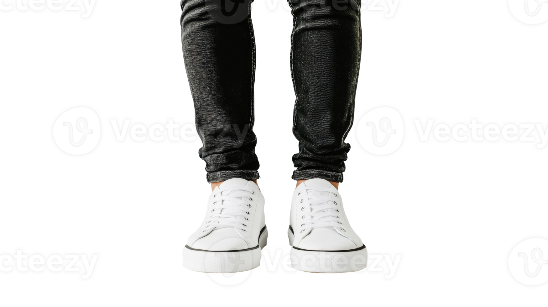 Stylish white sneakers with platform on person, cut out transparent png