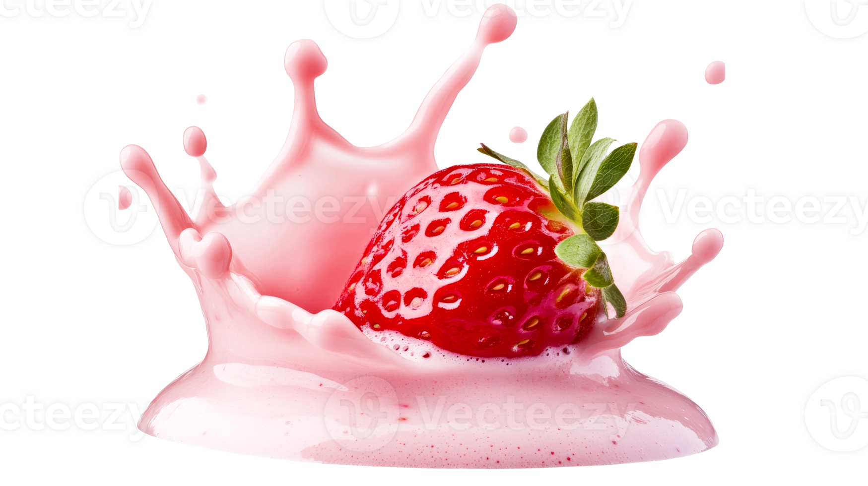 Strawberry falling into yogurt, creating splash, food photography, cut out transparent png