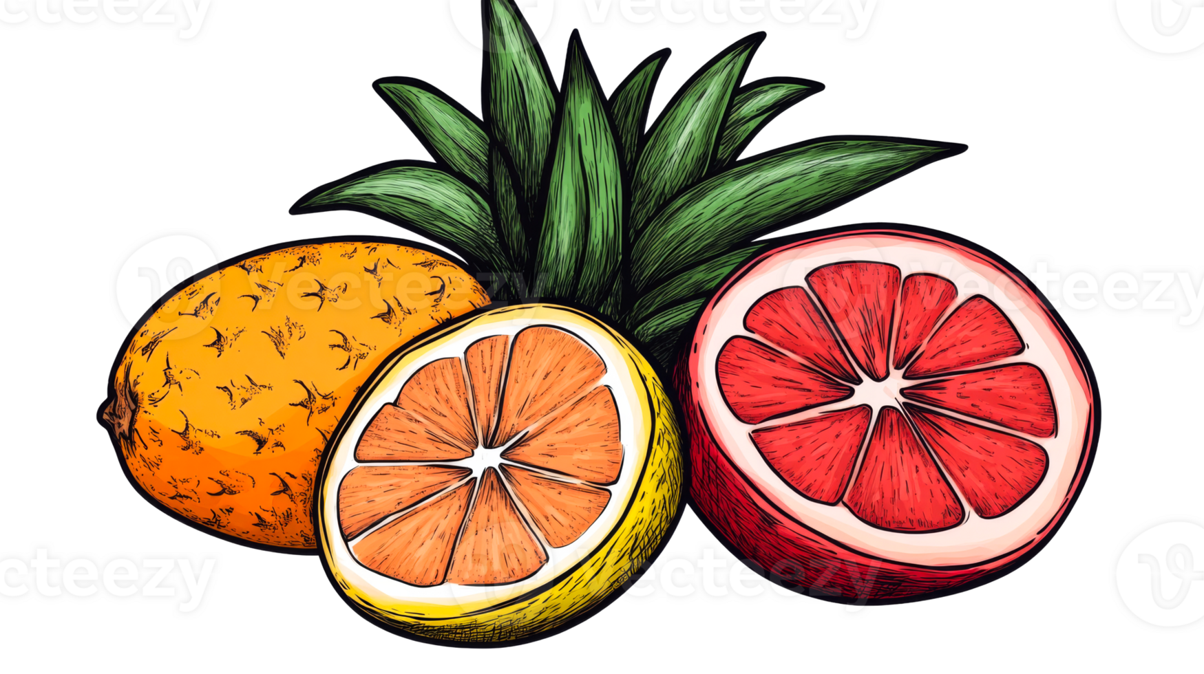 Fresh citrus fruits and pineapple illustration, cut out transparent png