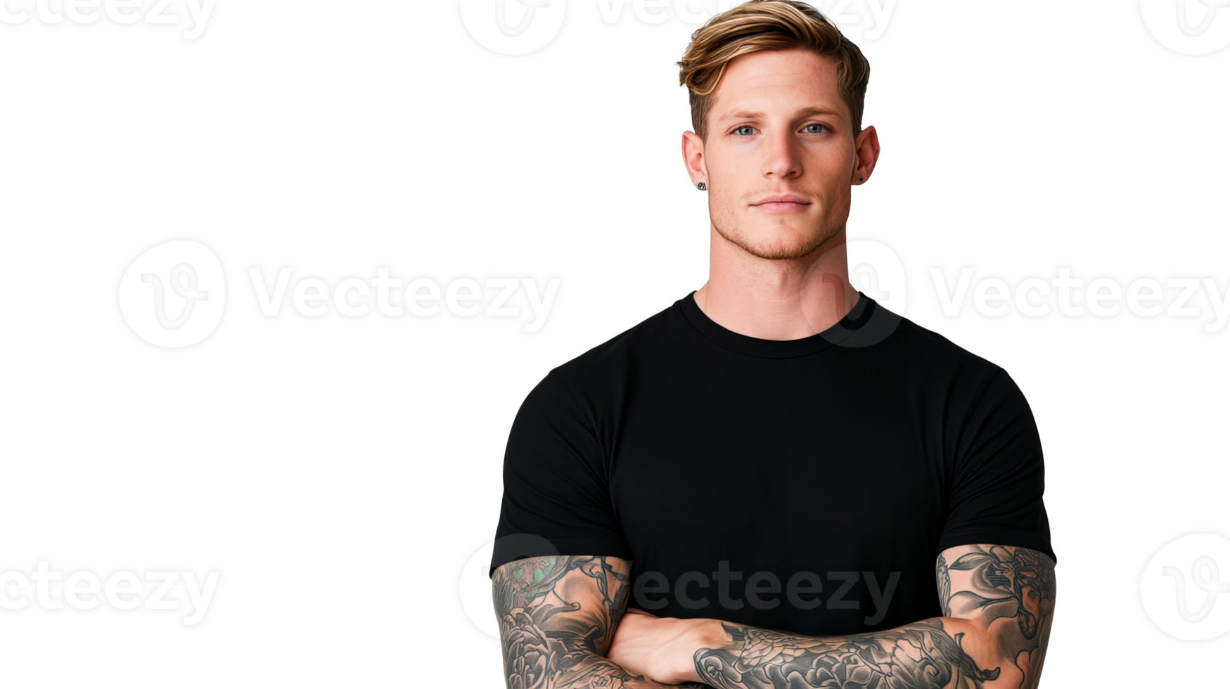 Man with tattoos and blond hair posing in the studio, cut out transparent png
