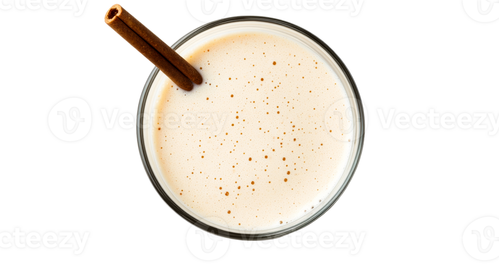 Top view of eggnog drink in glass with cinnamon stick, cut out transparent png
