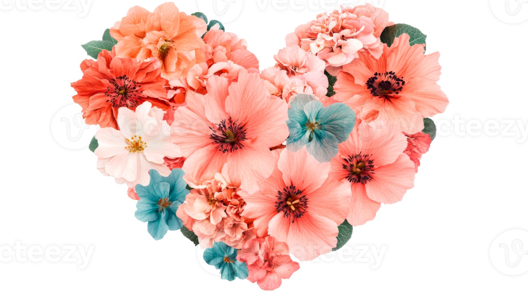 Heart-shaped floral arrangement with roses, love symbol, cut out transparent png