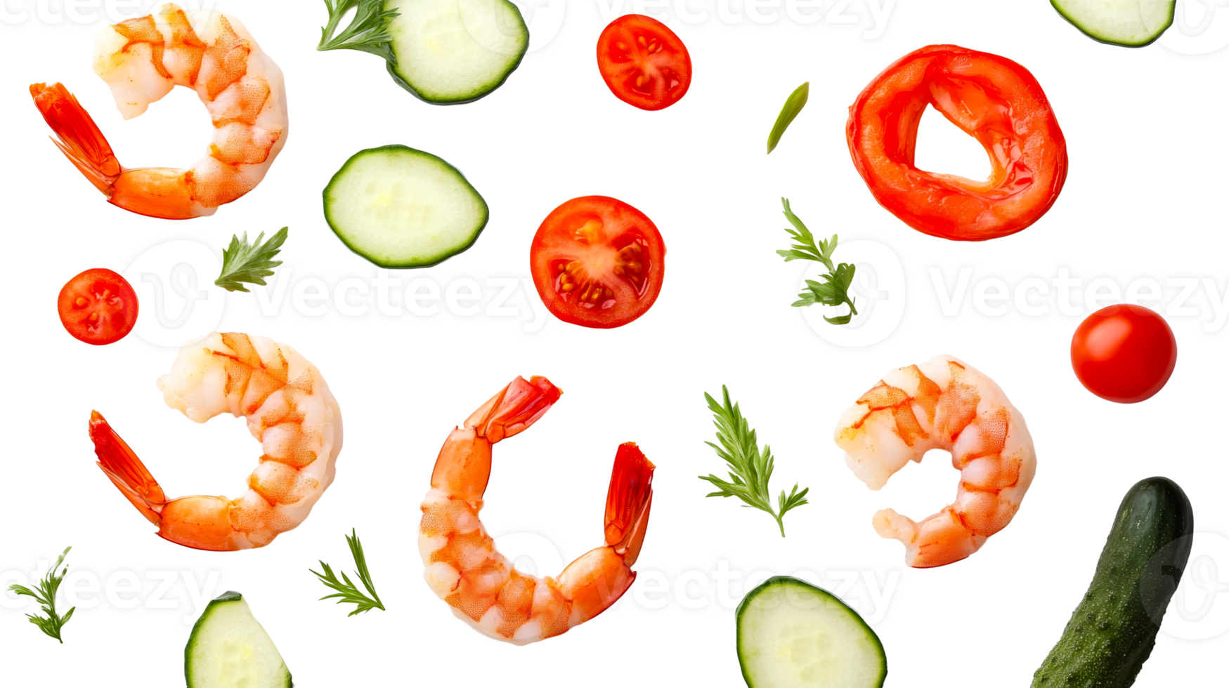 Shrimp and Vegetables Mix, Overhead Flat Lay Composition, Cut out transparent png