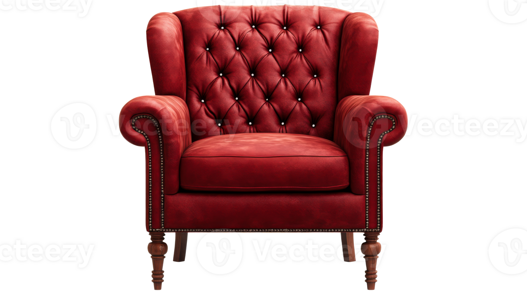 Luxurious Red Leather Wingback Chair, Diamond Button Tufting, cut out transparent png