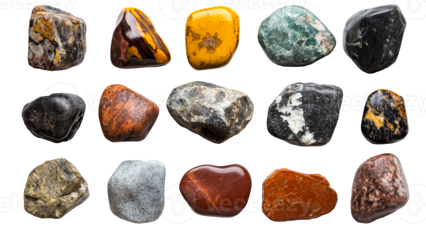 Collection of various natural polished stones, cut out transparent png