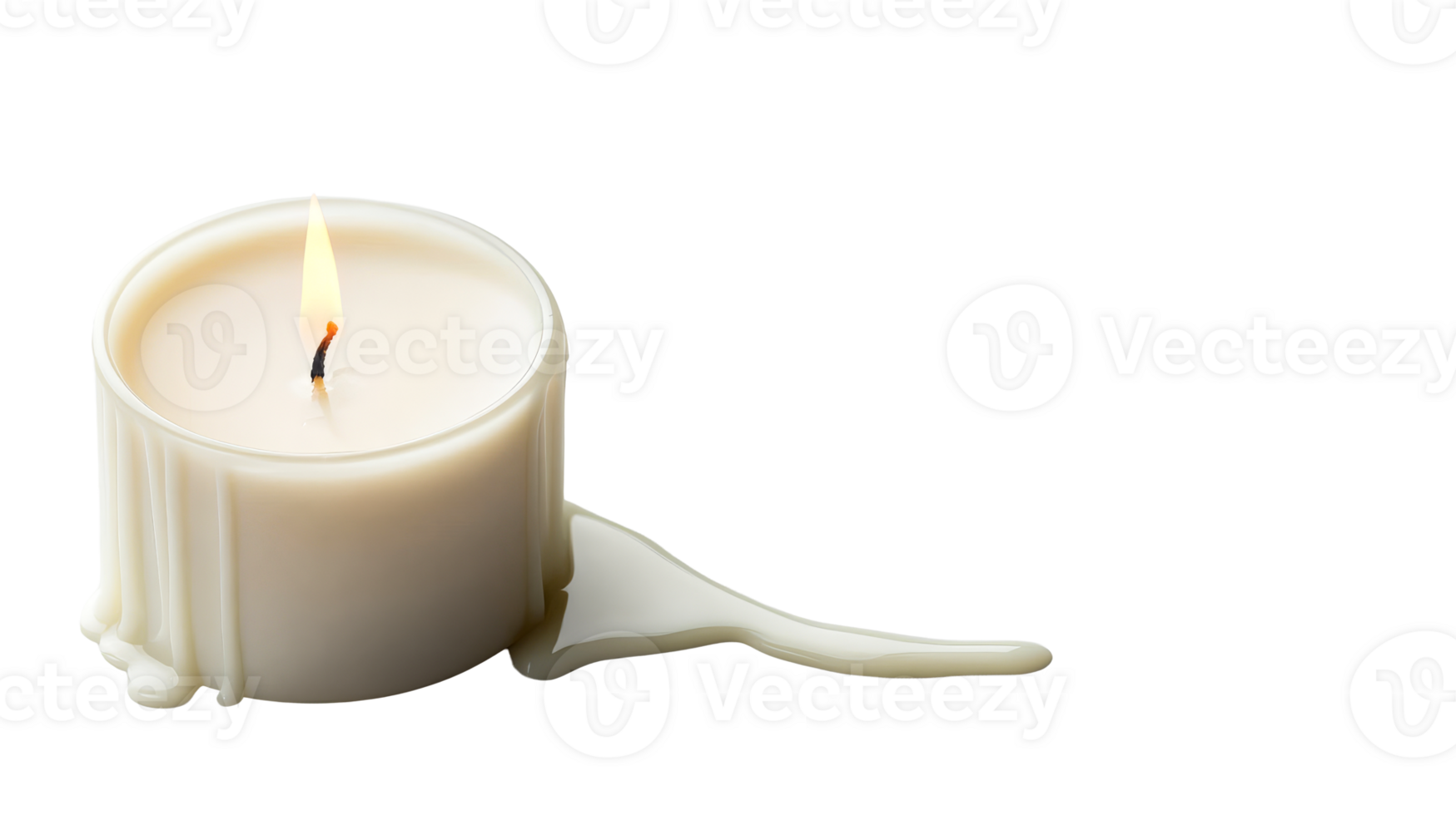 Burning wax candle with flame and drips on black, cut out transparent png