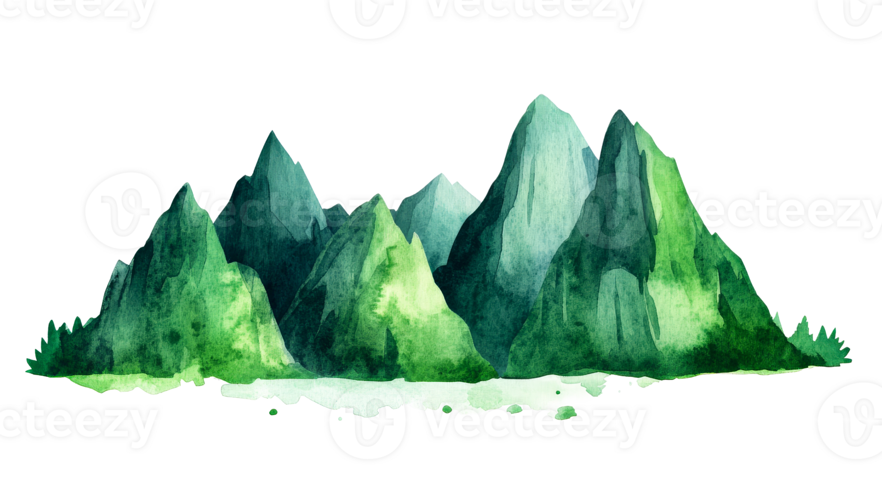 Watercolor mountains illustration, green gradient, rugged peaks, cut out transparent png