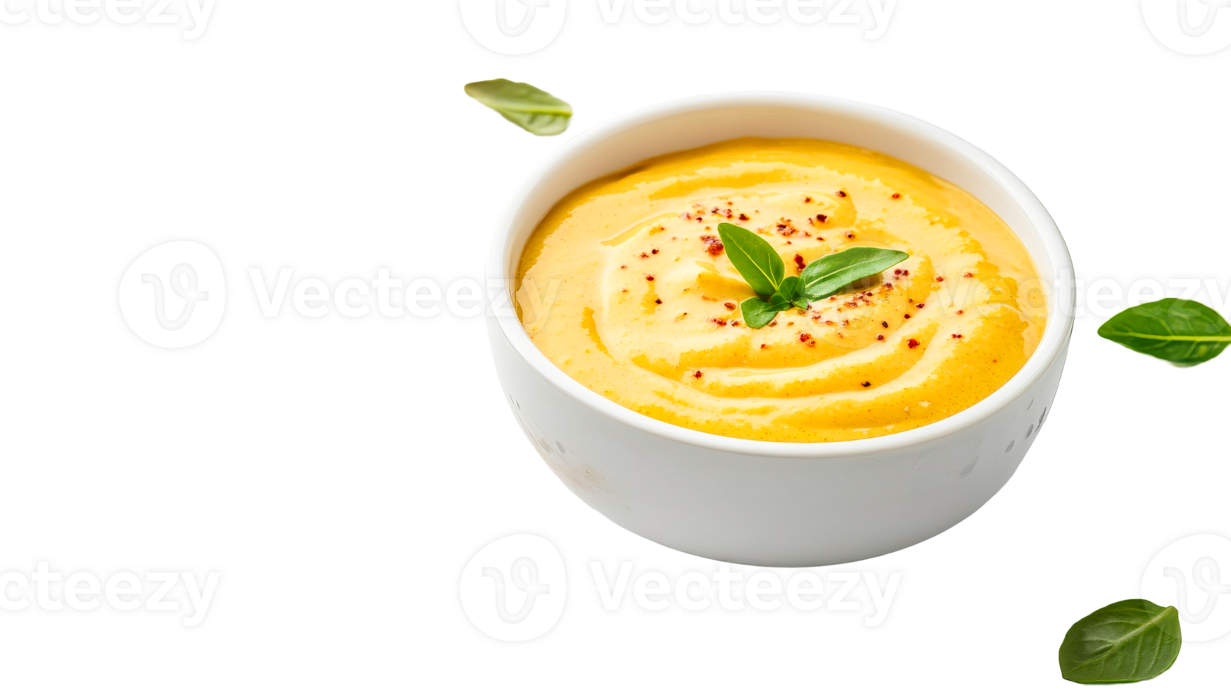 Bowl of creamy soup with herbs, cut out transparent png