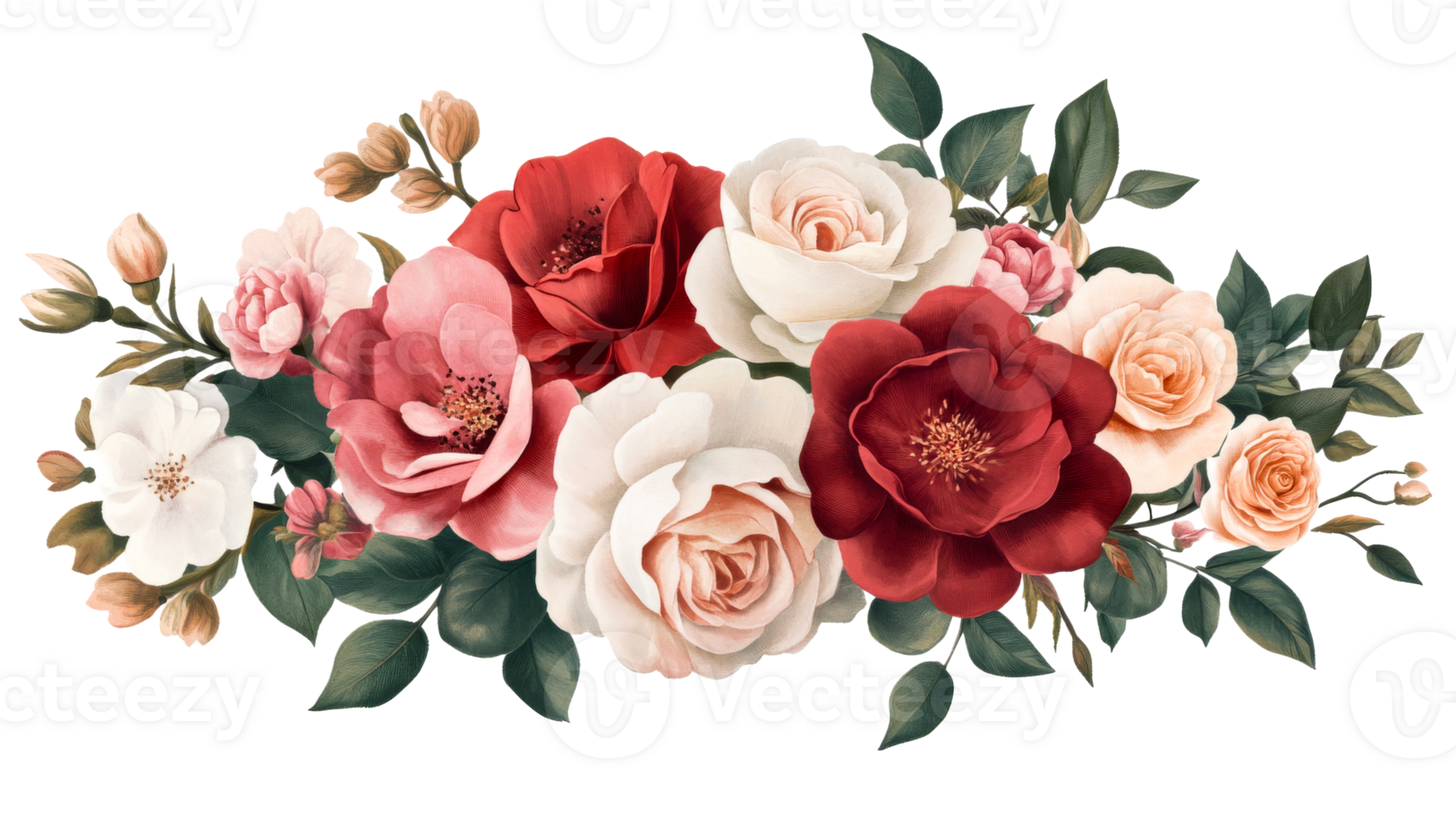 Elegant bouquet of roses in various colors, floral decoration, cut out transparent png