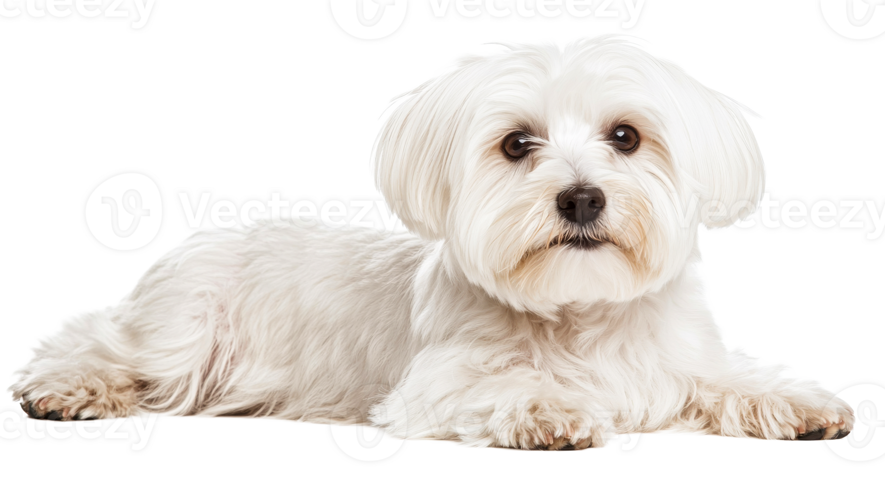 Maltese dog lying down, looking at camera, cut out transparent png