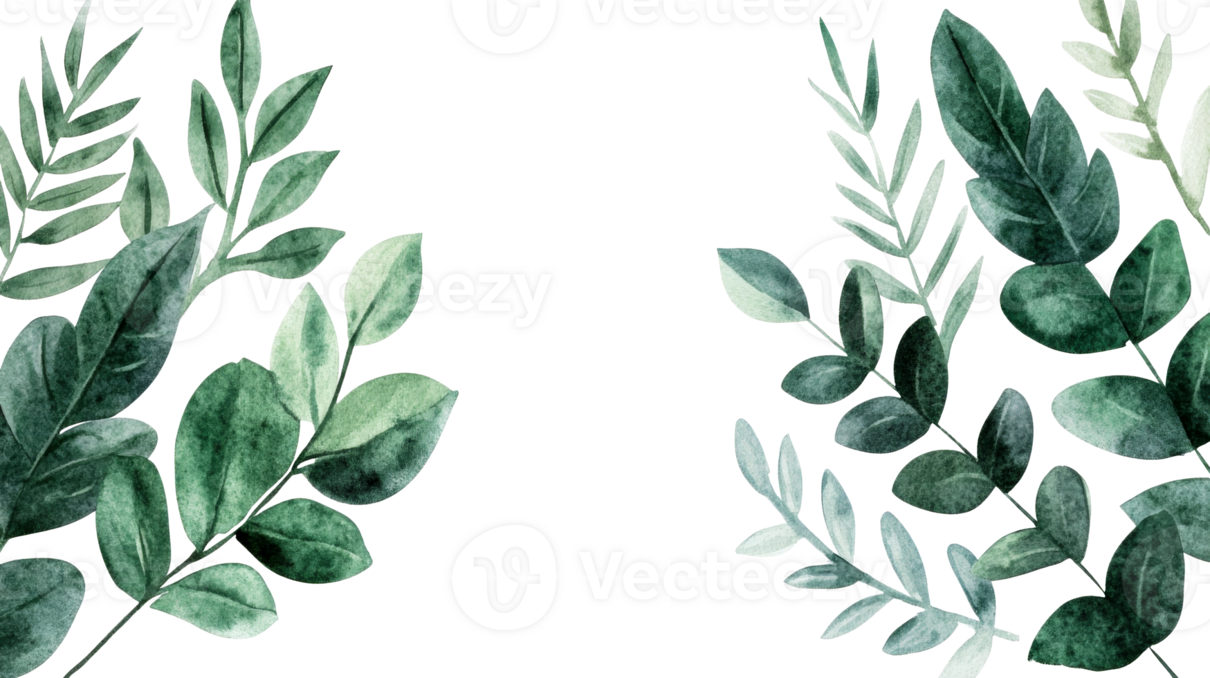Watercolor leaves in green hues on black, cut out transparent png